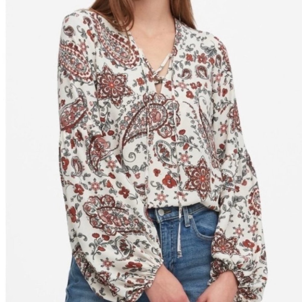 Banana Republic Paisley Lace  up Balloon sleeve blouse